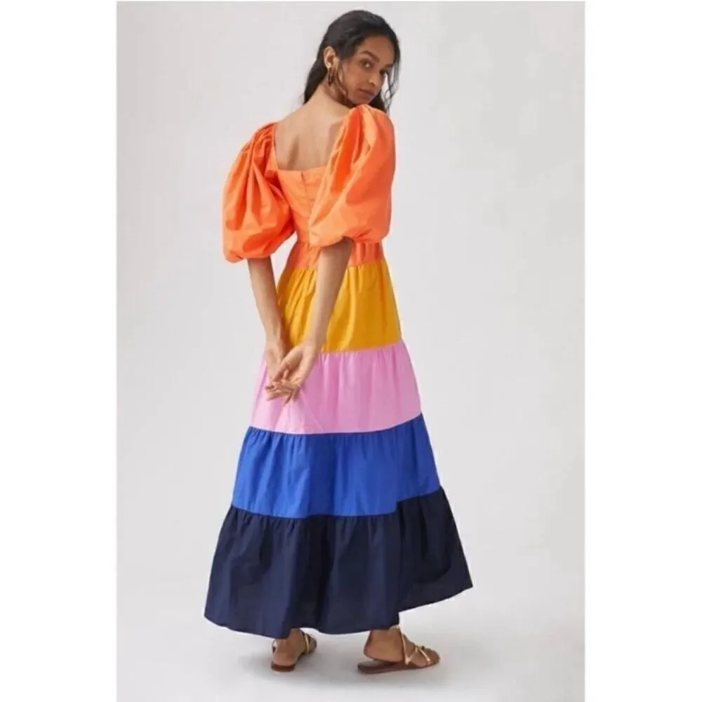 Anthropologie Farm Rio Size S Puff Sleeve Tiered Maxi Dress Colorblock Stripe - Picture 5 of 15